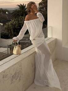 Women's Sheer Mesh Off Shoulder Long Sleeve Solid Color Maxi Dress, Party Dresses For Elegant Party Outfits - 白色 - 查看 5