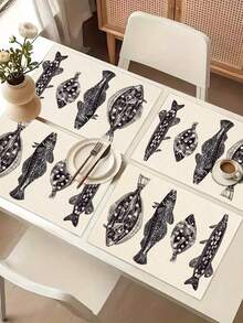 1pc Minimalist Ocean Creature Printed Linen Table Runner/Placemat, Suitable For Holidays, Parties, Birthdays, Dinners, Kitchen & Dining Table Decor, Shoe Cabinet Cover, All Season Room Decor & Home Textile - Multicolor - View 13