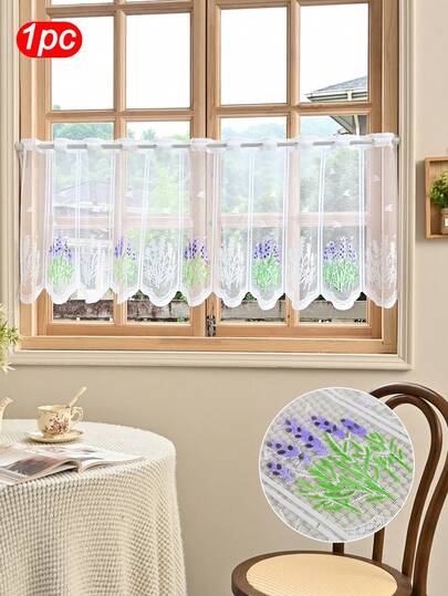 1 Stück weiße Vorhang mit Lavendel Blumenmuster - mit Gardinenstange, zweischichtiger Cafe-Vorhang geeignet für Wohnzimmer, Büro, Heimdekoration