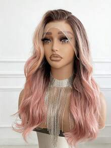 Ombre Pink Body Wave Synthetic Wig For Daily Wear 13x4x1 HD Lace Front Wigs For Women Middle Parting Ombre Pink Colored T Part Lace Frontal Wig  Glueless Synthetic Lace Front Wig Heat Resistant - 漸層粉紅色 - 查看 3