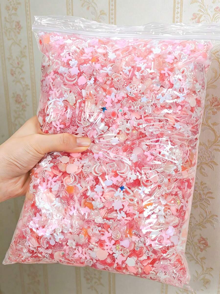 50克/袋（约500-600个）3D立体美甲饰品，粉色爱心花朵蝴蝶结月亮星星造型，树脂材质，平底，水钻材质，适用于美甲DIY手工饰品配件