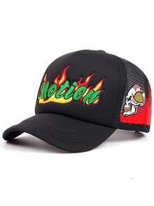 1pc Men Gothic Letter & Red Lip Embroidery Trucker Hat, Fashionable Outdoor Adjustable Sun Protection Baseball Cap, Unisex For Spring/Autumn Travel, Beach, Party - Motion Skull - View 15