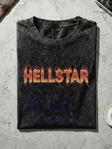 Unisex Streetwear, Men's Y2K Grunge Hellstars Slogan & Flaming Fire Text Graphic Double-Sided Print T-Shirt, Acid Washed Tee, Dark Aesthetic Oversized T Shirt, Graphic Tees Men, Camisetas Para Hombre, Ropa De Hombre, Playera De Hombre, Navidad,Mens Clothes,Graphic Tee,Summer Clothes,Summer Tops,Easter Outfits,Spring Clothes ,Shirts - Black - View 3