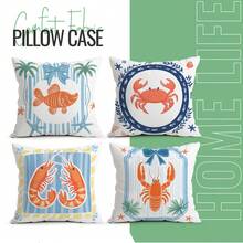 4件套，海洋生物线条艺术图案，单面印花抱枕套，适用于客厅、沙发、卧室，不含枕芯 - 彩色 - 查看 6