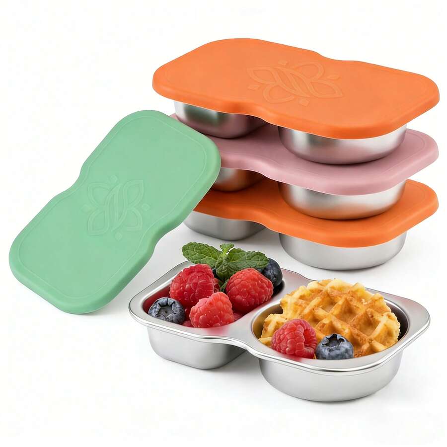 1/3pcs Stainless Steel Snack Container, 2-Compartment Salad Sauce Portable Container With Silicone Lid, Leak-Proof, Reusable Lunch Box Accessory, Condiment Container, Stackable, Suitable For Home, School, Camping And More - Multicolor - View 1