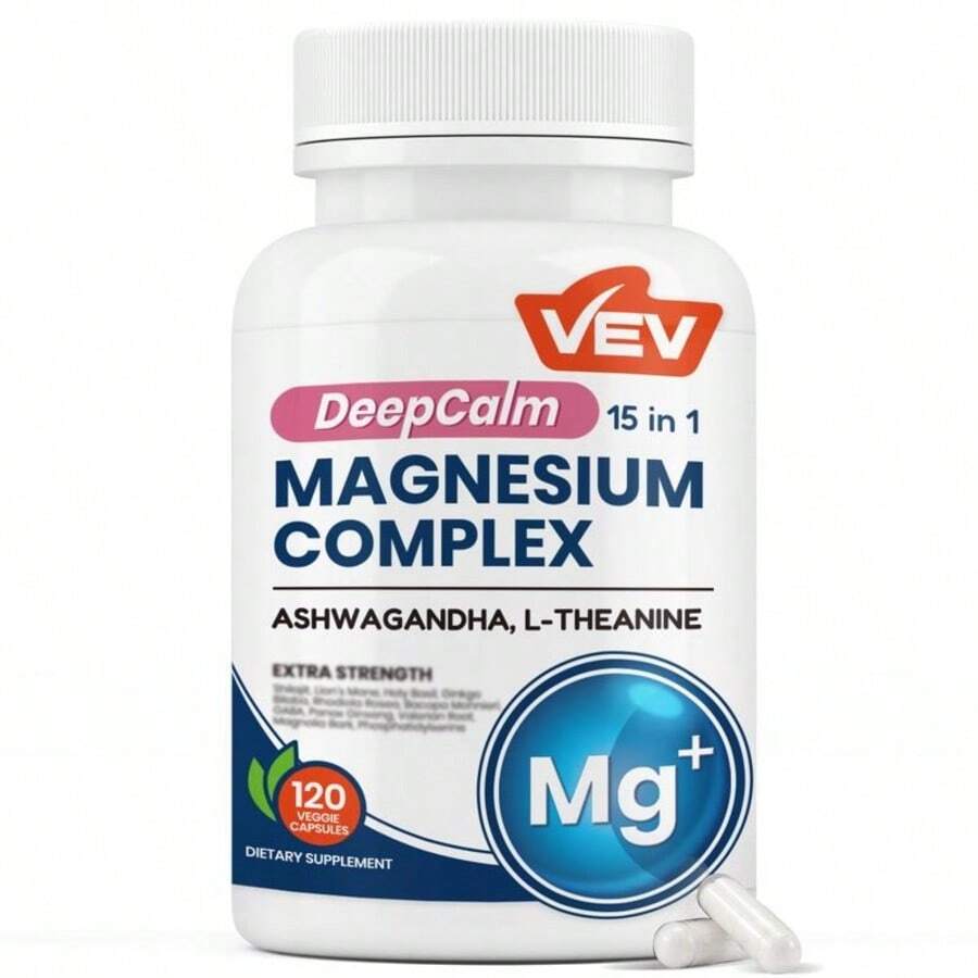VEV Natural Edible Magnesium Supplement, 15-In-1 With Magnesium Glycinate, Ashwagandha, L-Theanine, Healthcare Dietary (120 Capsules) Vitamin Fitness - 200克 - 查看 1