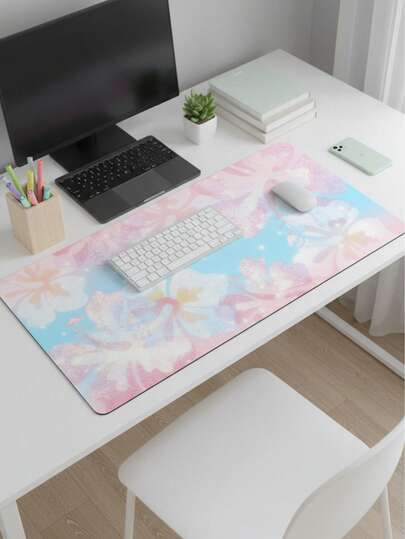 Extra Large Gaming Desk Mat And Mouse Pad - Gradient Pink And Blue Hibiscus Floral Fantasy Design With Starry Lighting Effect, Non-Slip Rubber Base, Smooth Surface, Girly Style Office And Gaming Mat, Suitable As Keyboard Pad, Desk Pad Or Book Stand, For Gamers, Office And Dorm Use, Compatible With Mouse And Trackball