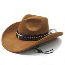 1pc Unisex Suede-Like Faux Leather Bull Head Decor Cowboy Hat, New Retro Cyberpunk Boho Style Cool Adjustable Cord Wide Brim Hat, Street Fashion, Men's Gift, Suitable For Parties, Western Themed Events, Gatherings, Cosplay, Graduation, Masquerade, Festivals, Birthdays, Music Festivals, Travel And Hiking,Summer,Beach - Top Hat - View 3