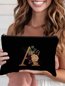 1pc A-Z Letter & Floral Print Cosmetic Bag, Modern Style Polyester Lightweight Travel Organizer - Multicolor - View 24