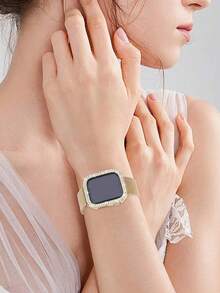 Compatible Band And Case Combo Set. Fashionable And Casual, Suitable For Men And Women. Soft And Breathable. Stainless Steel Woven Magnetic Loop Band + Shiny Rhinestone Anti-Fall Protective Case - Gold - View 4
