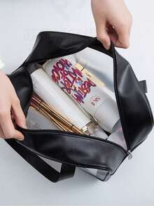 1pc PVC Transparent Large Capacity Cosmetic Bag, PU Waterproof Portable Toiletry Bag, Women's Handheld Travel Organizer, Pink - Pink - View 6