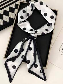 1pc Reversible Horse Chain Print Satin Scarf, Suitable For Women's Dress, Shorts, Belt, Bag, Hat, Ribbon, Waistband - Black and White Polka Dots - View 2