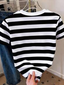Camiseta de mujer de manga corta con cuello redondo y estampado de rayas casual - Colores mixtos - Ver 2
