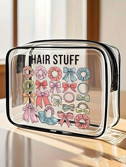 Bow And Hair Tie Patterns And "Hair Stuff" Storage Bag, Large Capacity Pvc Travel Toiletry Bag With Zipper Closure, Cute Printed Makeup Bag, Travel Makeup Bag, Transparent Storage Bag, Portable Cosmetic Bag, Desk Organiser, Multi-Use Pouch, Beach Bags, Foldable Lightweight Bag, Easy Wipe-Clean Design, For Travel, Bathroom, Dormitory, Organizer,Travel Essentials,Valentine's Day Gift