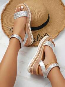 planare Women's Casual Fashionable Woven Round Toe Silver Summer Sandals With Adjustable Strap, Flat Wedge Thick Sole Suitable For Daily, Vacation, Beach Wear - Silver - View 4