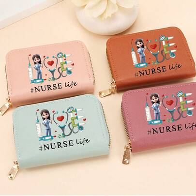 Minimalist Casual Nurse's Day Wallet, Women's Multi-Card Slot Zipper Credit Card Holder