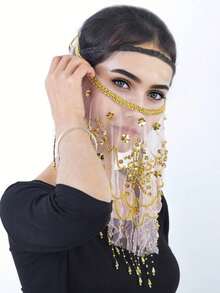 Belly Dance Sequin Decorated Veil And Coin Tassel Waist Accessories Set, For Stage Performance, Party, Dance - Multicolor - View 26
