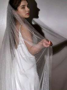 一件闪亮新娘头纱，配金属发梳，单层镀金闪耀新娘头饰，梦幻星空雪纺头纱，优雅奢华宫廷风婚纱，适合浪漫唯美的婚礼、盛大晚宴、摄影、角色扮演、华尔兹、仙女装扮、秋季写真拍摄、女士情人节配饰 - 直白色 - 查看 4