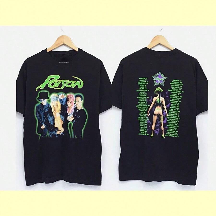 Poison Band 90s 2 Sided Retro Style Black T Shirt Unisex Tee Vtg - 黑色 - 查看 1