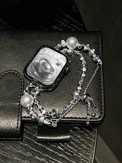 1pc Women's Silver High-Quality Beaded Bracelet Watch Band Strap Suitable For 38/40/41/44/45/49/42/46mm S11/SE3/Ultra3/Ultra/SE/SE2/10/9/8/7/6/5/4/3/2/1