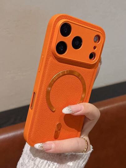 1pc Luxury Lychee Pattern Leather Minimalist Magnetic Phone Case Compatible WIth IPhone 17 Pro Max 16 15 14 13 12 11 Pro Max Plus Wireless Charge Soft TPU Back Cover