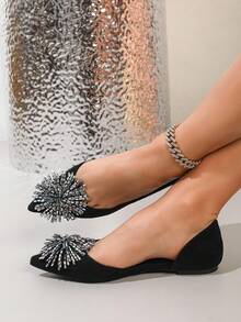 New Spring/Summer Fashion Women's Pointed Toe Black Hollow-Out Crystal Flower Flat Casual Sandals - Black - View 5