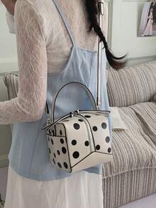 1个女士PU手提包，时尚波点印花方形盒包，单肩斜挎两用，适合通勤、购物、送礼 - 米色 - 查看 4