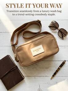 Burberry 1PC Adjustable Strap Mini Tan Leather Crossbody Bag - British Minimalist Style, Logo Label Detail, Compact Camera Bag Shape, Versatile Bag For Office Commute & Weekend Outings - Brown - View 6