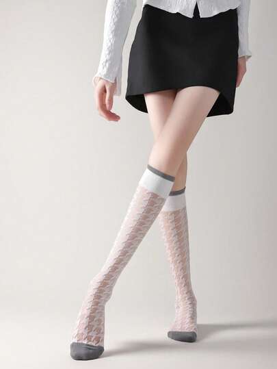 3 Pairs Women's Casual Long Socks, Thin Calf Socks For Spring & Summer, Retro Houndstooth Color Block Design, Comfortable Casual, Suitable For Daily Wear, Travel, School, And Dress Matching