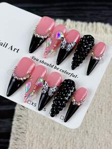 10片高端奢华女士风格，手绘立体蝴蝶，璀璨钻石簇手工假指甲，美甲贴纸，适合逃离公主的女士作为主人出席生日派对、家庭聚会和公司年会。 - 彩色 - 查看 4
