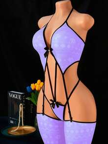 两件套女士性感内衣套装，性感连体衣和及膝袜，比基尼罩衫，性感修身渔网套装，情人节性感派对角色扮演服装 - 淡紫色 - 查看 3