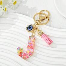 1个新款粉色26个英文字母钥匙扣，带邪眼流苏吊坠，可作钥匙链或包包挂饰 - 彩色 - 查看 16