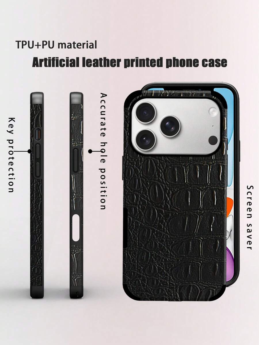 Crocodile Pattern 1pc Crocodile Texture Shock-Proof Leather Phone Case With Rotating Sound Design, Suitable Compatible With Iphone - Crocodile Pattern Black - View 1