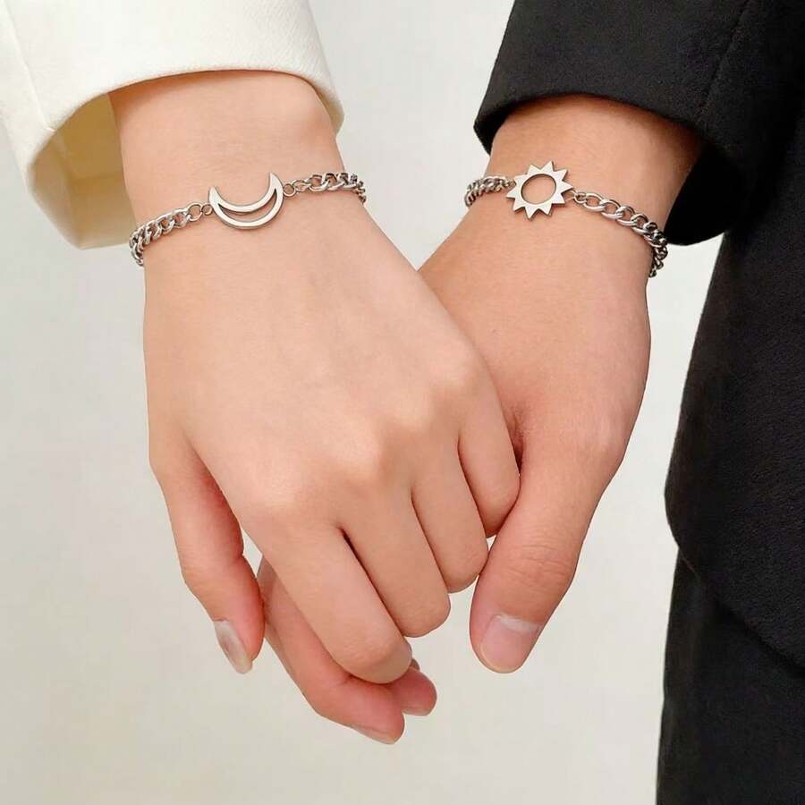 一对不锈钢日月情侣手链，无电镀，理想礼物 - 彩色 - 查看 1