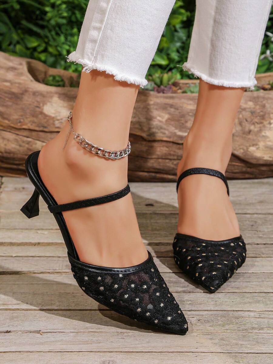 French Daisy Mesh Slide Sandals For Women, Pointed Toe Thin Heel One-Strap Gentle Style Mule Shoes, Summer New Arrival - Black - View 1