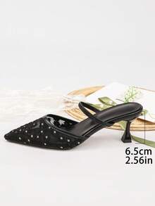 女士法式雏菊网眼凉拖鞋，尖头细跟单带柔美穆勒鞋，夏季新品 - 黑色 - 查看 6