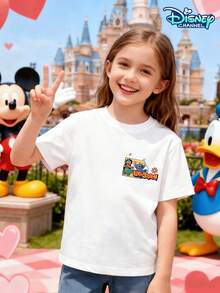 Disney Girls' Round Neck T-Shirt, Casual Style, Lilo & Stitch Hula Print, Island Vacation Style, Children's Top, 4-12 Years Old, Skin-Friendly And Breathable Children's Clothing. - White - View 2