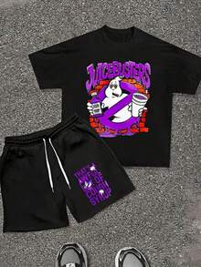 (Two-Piece Set) Crew Neck 180g Pure Cotton Short-Sleeved T-Shirt And Shorts Set. The T-Shirt Features A Street-Style Graphic And Letter Design. Paired With Drawstring Polyester Shorts, It Creates A Breathable And Comfortable Summer Casual Look. - 黑色+黑色 - 查看 1