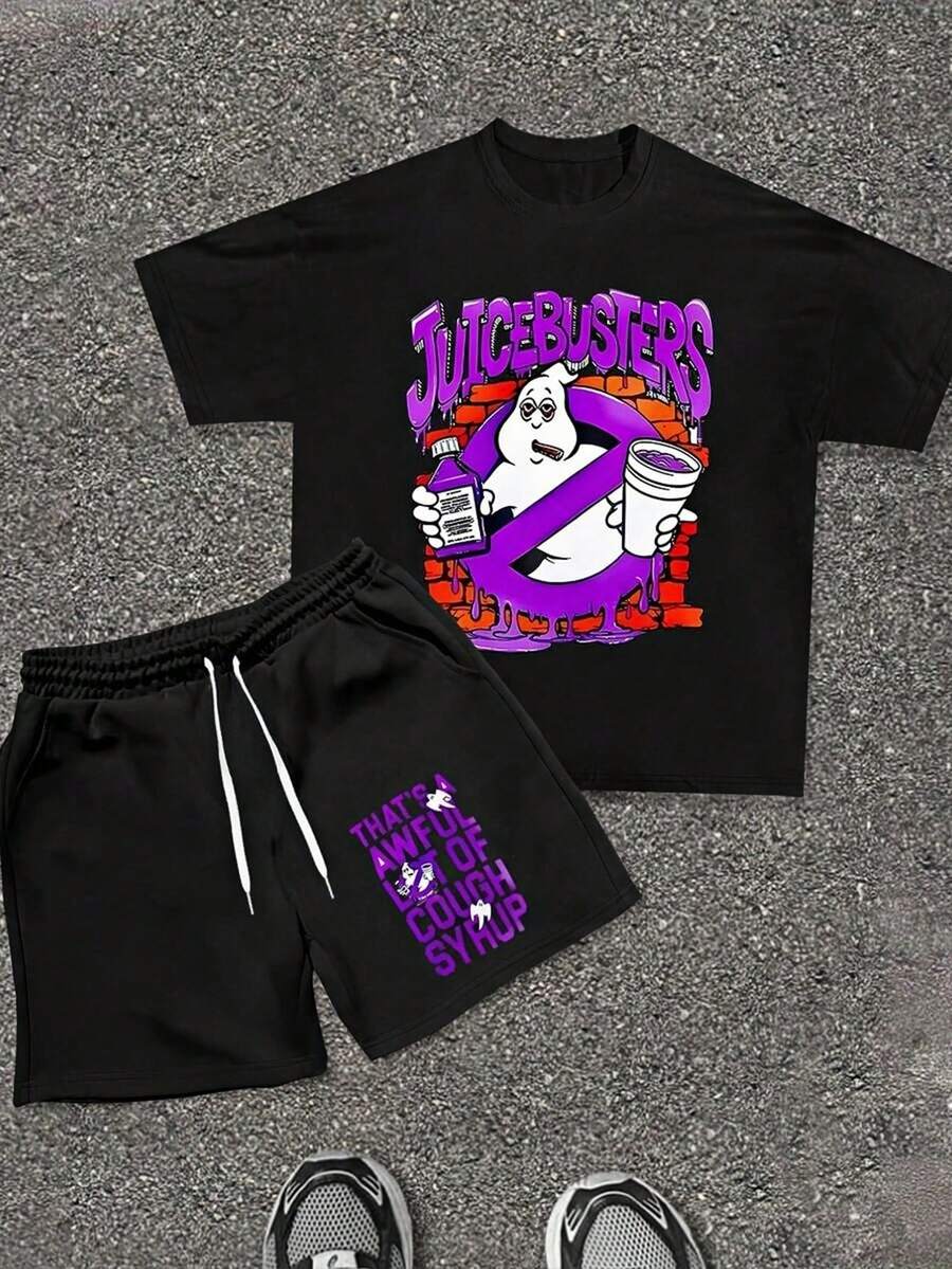 (Two-Piece Set) Crew Neck 180g Pure Cotton Short-Sleeved T-Shirt And Shorts Set. The T-Shirt Features A Street-Style Graphic And Letter Design. Paired With Drawstring Polyester Shorts, It Creates A Breathable And Comfortable Summer Casual Look. - 黑色+黑色 - 查看 1