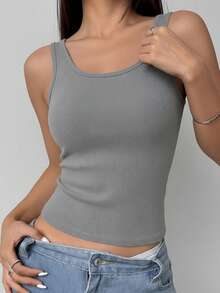 1件女士休闲针织罗纹背心，修身纯色圆领无袖上衣，简约日常穿着 - 灰色 - 查看 5
