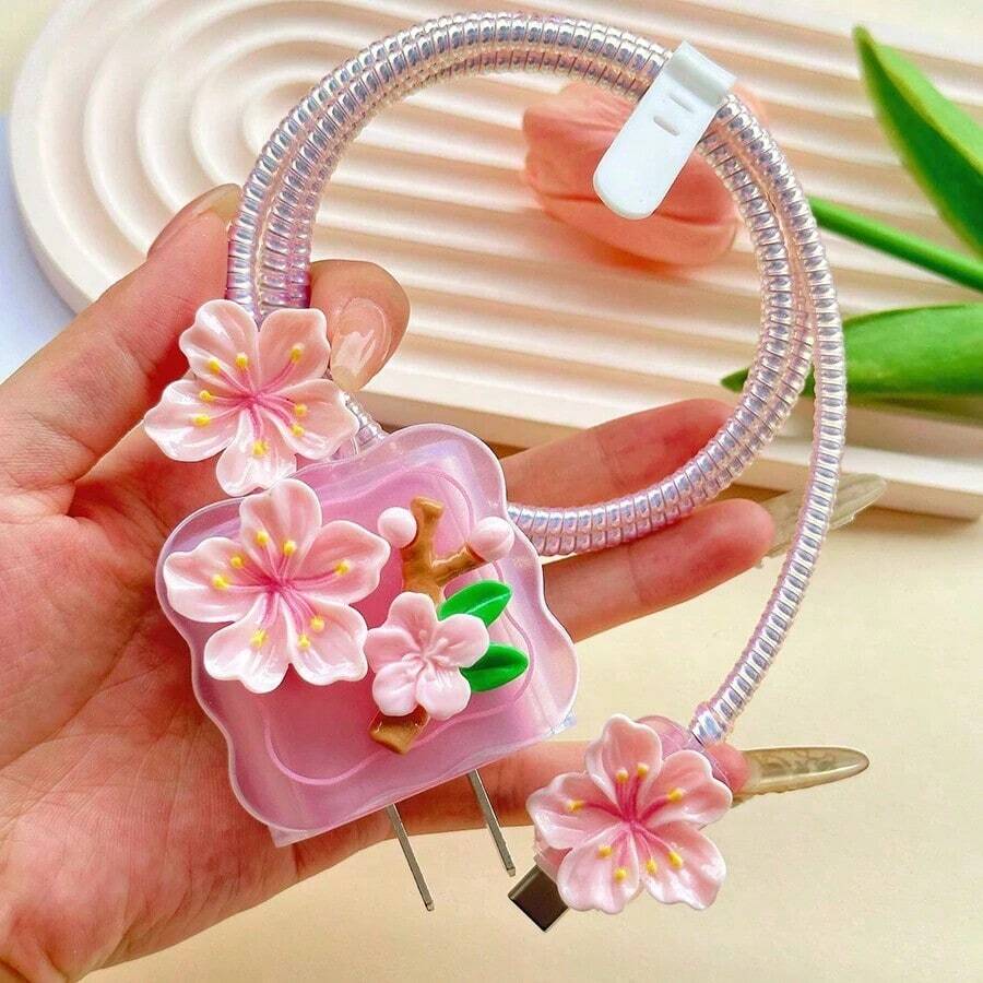 5pcs/Set 3D Floral Cartoon 1.5M Data Cable Protector Winder, Compatible With Apple 20W/18W Charger,  Fast Charging Cable Soft Case Cover Charger Protector - 粉色 - 查看 1