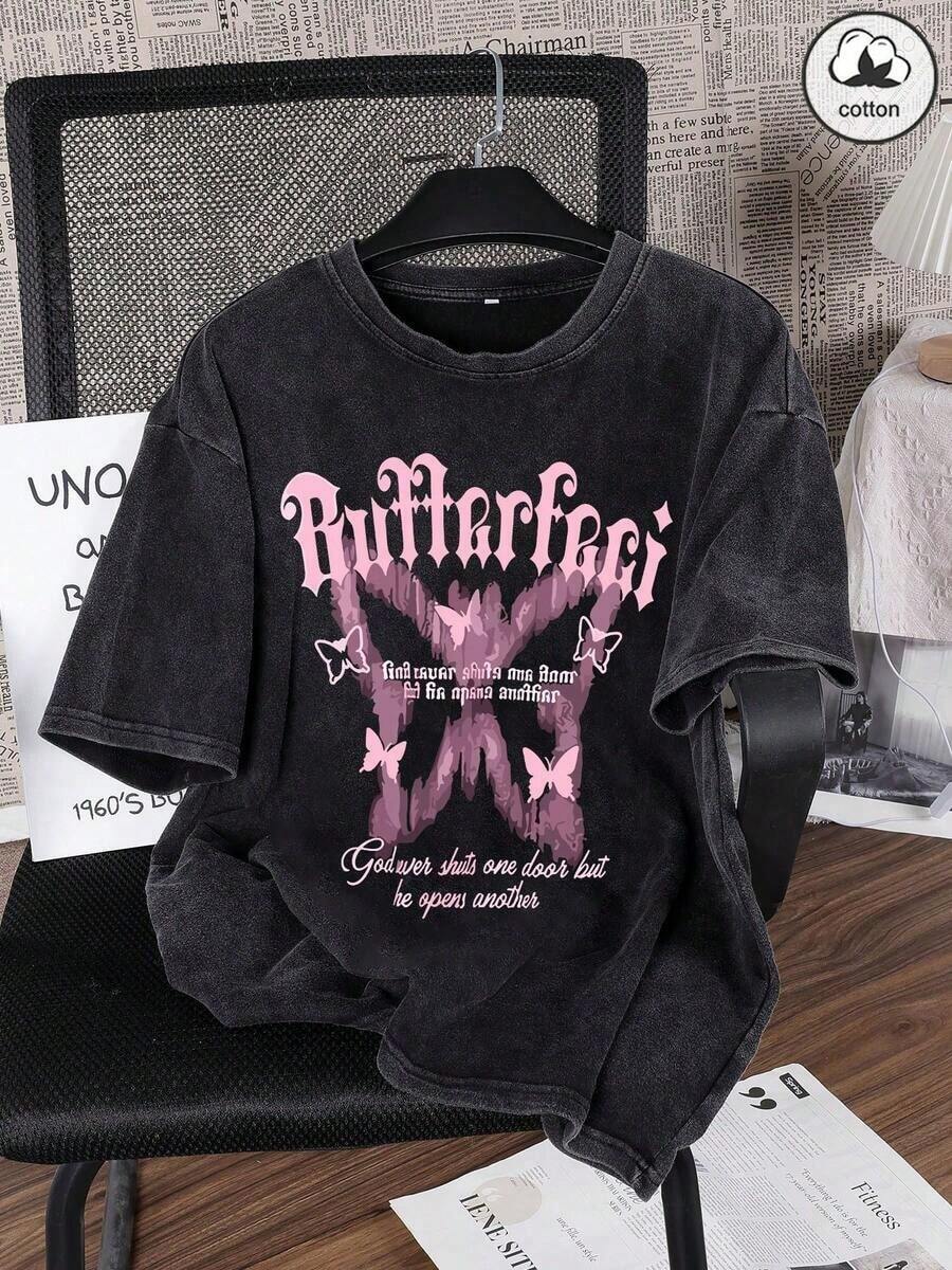 Es Trus Cotton, Summer Women's Fun Print Hip-Hop "Pink Butterfly Letter" Personalized Pattern Print Street, Korean Comfortable Retro Fashion Commuting Versatile Y2k Clothing Women's Clothing, Suitable For Outdoor Leisure, Regular Niche Punk Style Black Well-Fitting Round Neck Short-Sleeved Washed T-Shirt Casual - 黑色 - 查看 1
