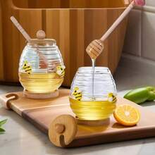 1pc 10/14/17oz Glass Honey Jar With Bee Pattern, Transparent Honey Storage Container With 1 Wooden Stirrer, 1 Wooden Lid And 1 Wooden Base, Suitable For Syrup Storage, Home, Wedding, Party, Kitchen - View 9