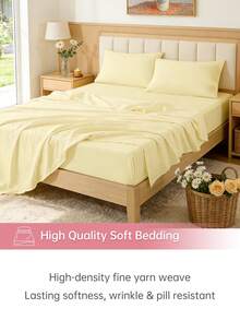 HONEYMOON 3/4件套純色床上用品套裝（3件套 = 1件床笠 + 1件床單 + 1件枕套，4件套 = 1件床笠 + 1件床單 + 2件枕套）100%聚酯纖維面料，INS風格，適用9-12英吋深口袋，防縮水，可機洗，適合所有尺寸，四季通用，居家與學校宿舍使用，開學必備，Oeko-Tex認證，淺黃色 - 嫩黃色 - 查看 7