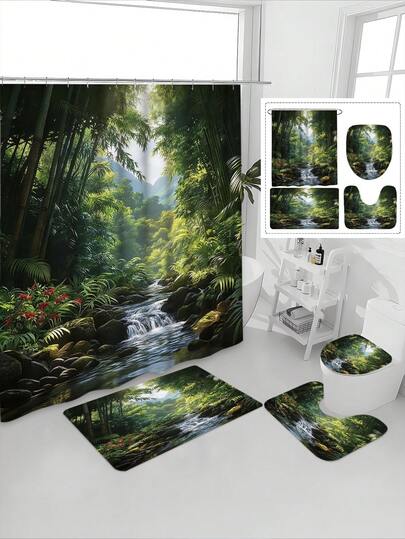 1/4pcs Large Forest & Stream Landscape Printed Waterproof Bathroom Curtain Set, Tranquil Healing Design, Thick Polyester, No Drill Installation, Anti-Slip Bath Mat, Absorbent Toilet Pad, Digital Printing, Fade-Resistant, Machine Washable, All Season, Easter Holiday Limited Edition