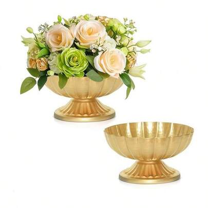 1pc/2pcs/3pcs Gold Vintage Flower Vase, European Style Iron Art Flower Holder, Wedding Party Table Centerpiece, High-End Brass Retro Fruit Plate, Living Room Decor, Tea Table Fruit Tray, Snack Holder