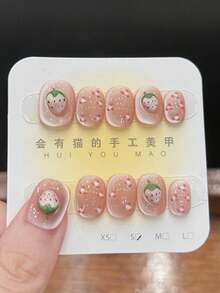 10片/套美甲贴片！草莓水果造型，四季草莓软萌设计，手绘豹纹，闪亮猫眼，超可爱手工美甲贴片！ - 彩色 - 查看 1