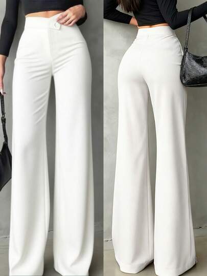 Women's Solid Black Casual Elegant Straight-Leg Pants, Back To School Asymmetrical V-Shaped Waistline Accentuates Curves, Suitable For Daily Wear, Office Commute, Dates, Holidays White