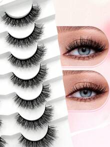 ENCHUW 7对装假睫毛，自然逼真仿貂毛假睫毛，蓬松柔软，日常佩戴美妆工具 - 黑色 - 查看 4