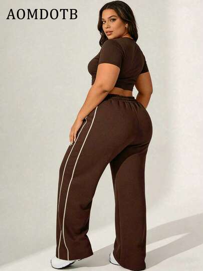 Plus Size Women's Knit Loose Straight Leg Pants With Drawstring Waist, Contrast Color Simple Fitness Casual Sports Trousers With Side Stripe Design, Spring/Summer